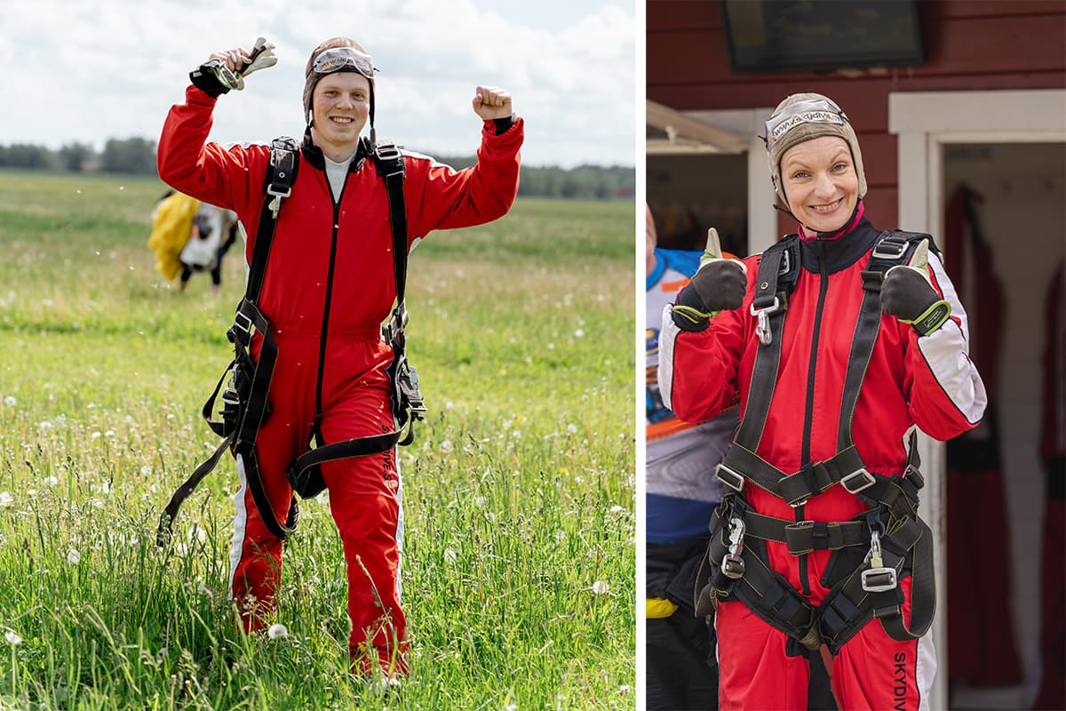Two parachute jumpers on the ground in separate photos.