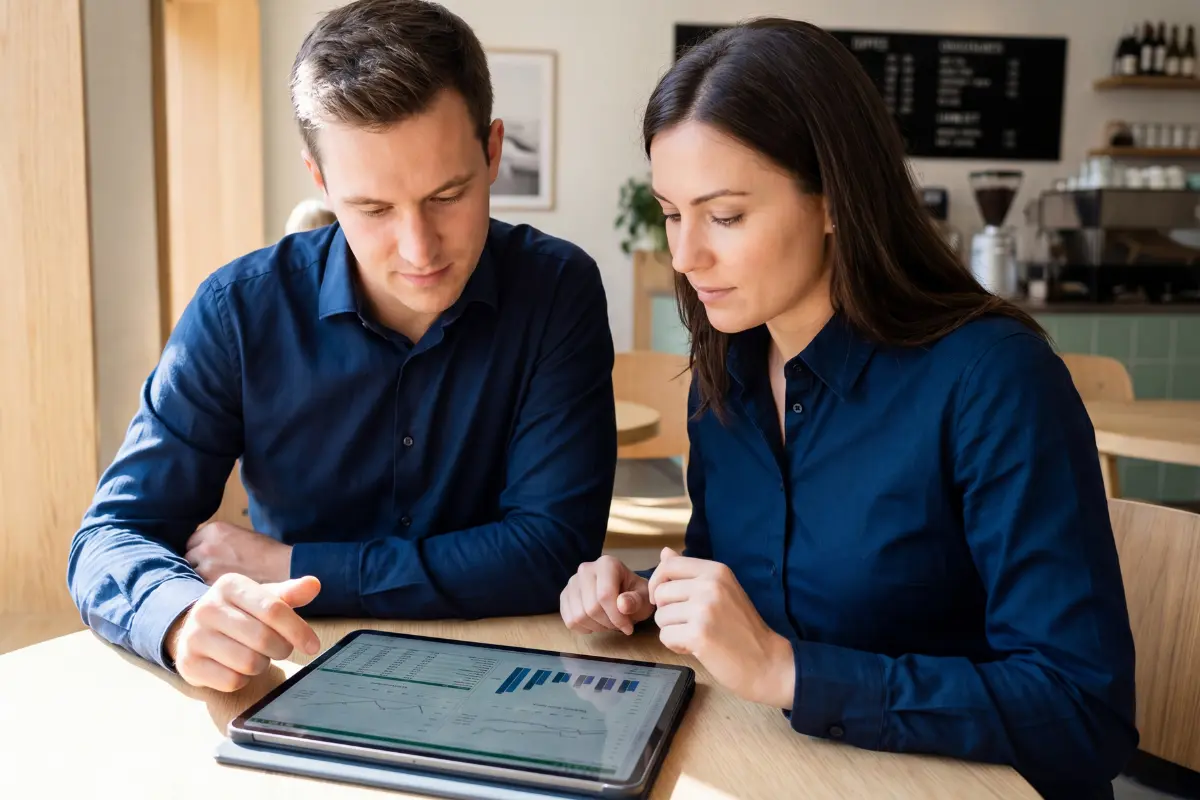 Kaksi sinipaitaista henkilöä istuu pöydän ääressä ja katsoo tablettia