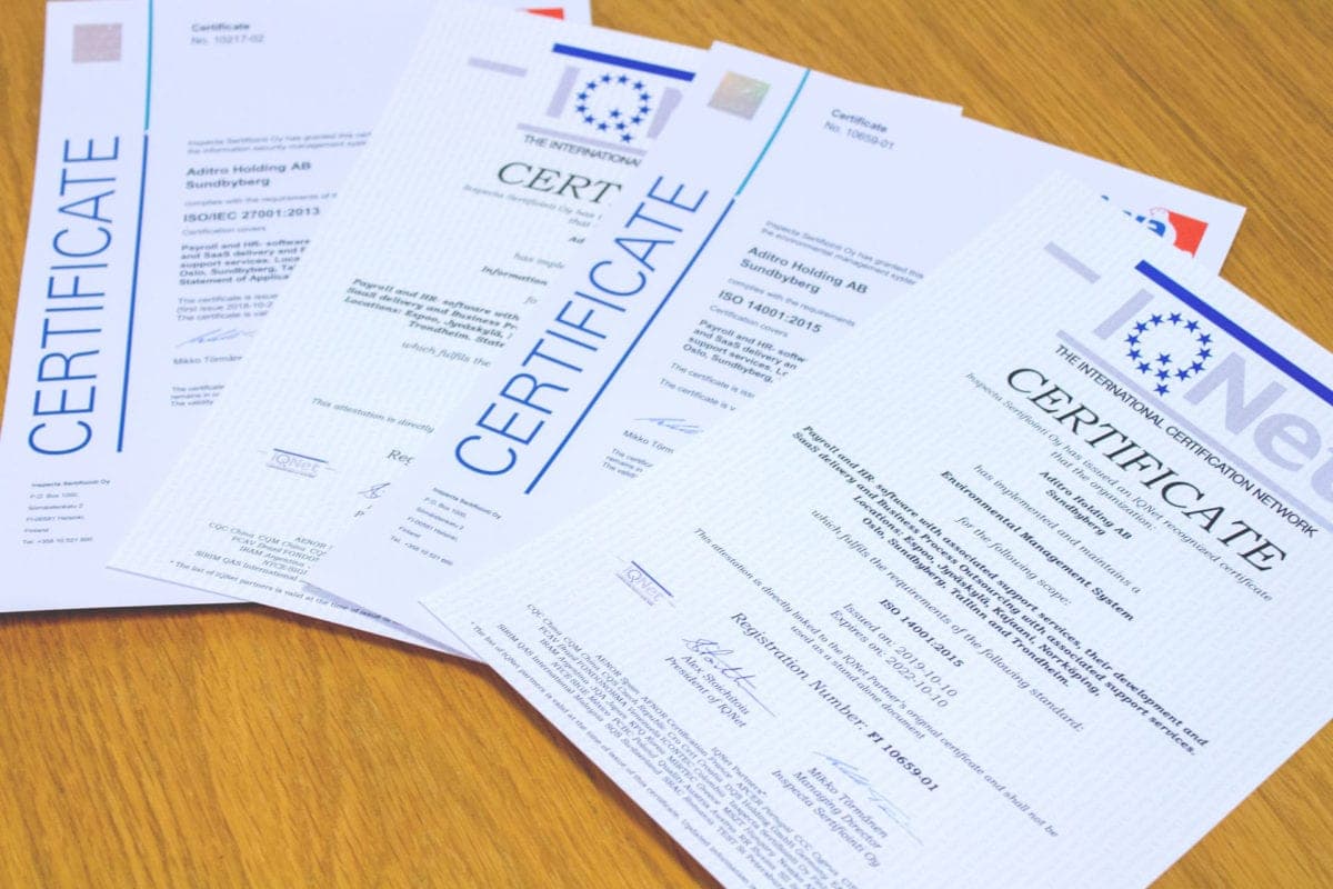 Aditrolle kansainväliset tietoturvan ISO 27001 ja ympäristöhallinnan ISO 14001 -sertifikaatit