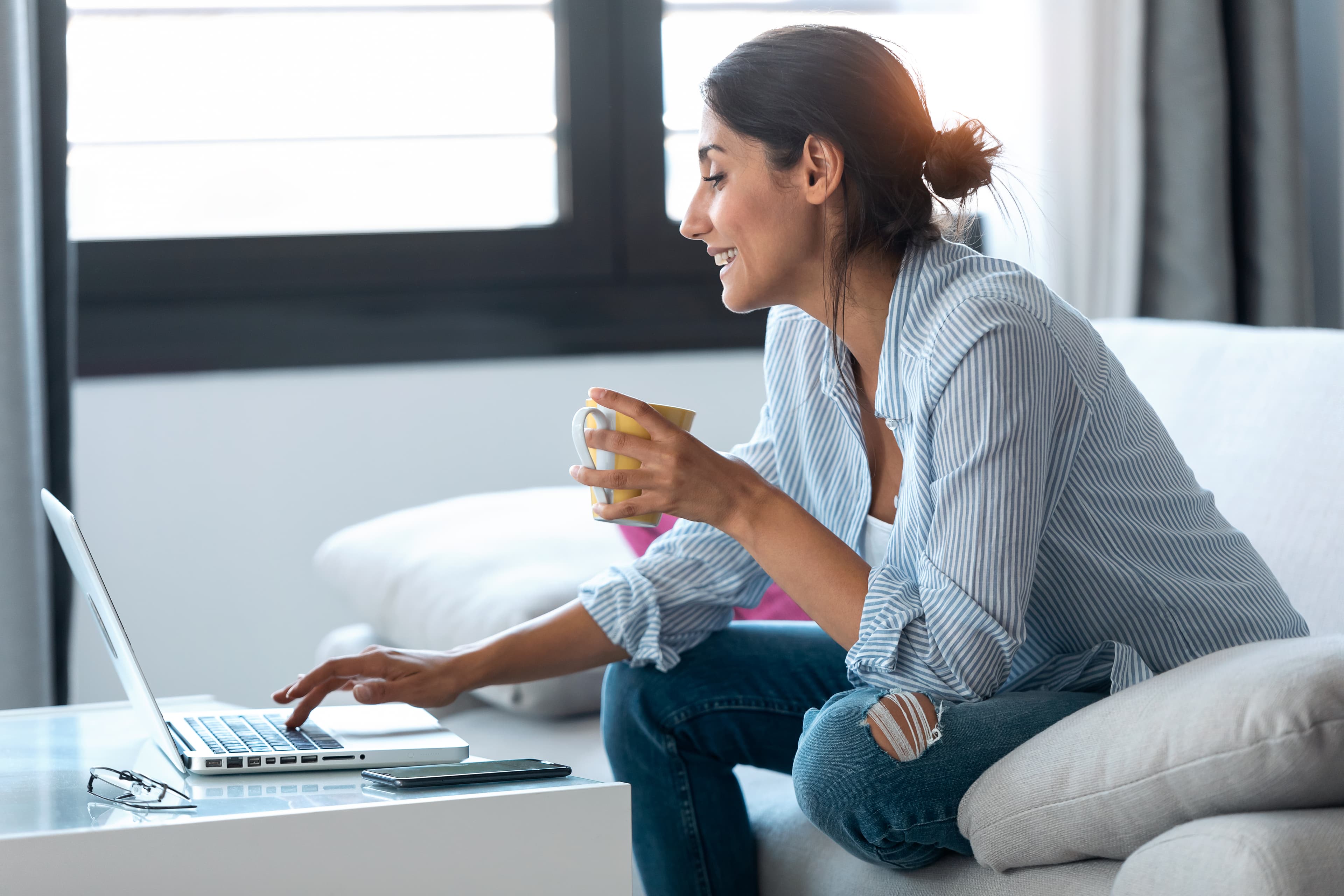 Happy business woman having online video call
